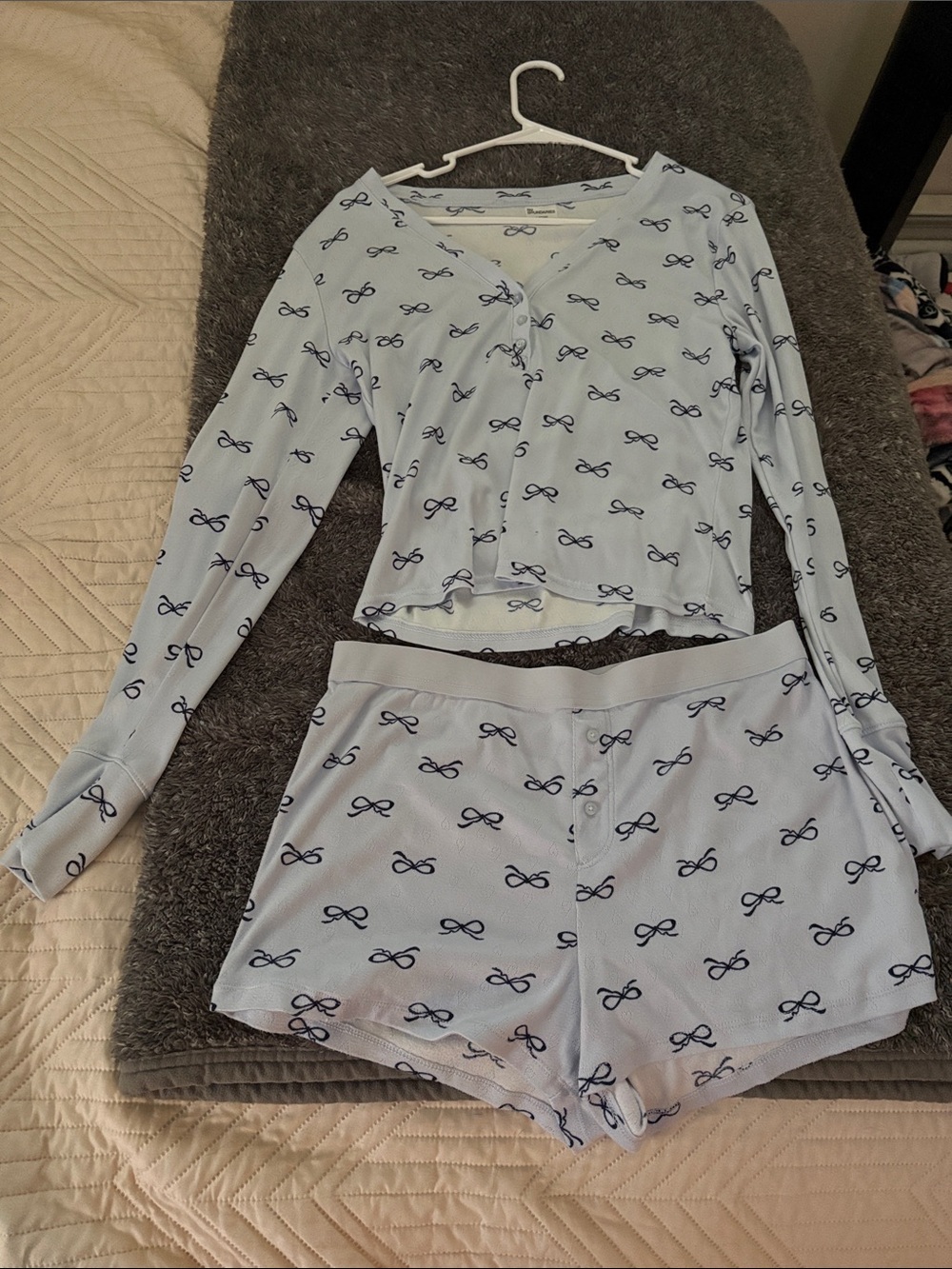 No Boundaries Light Blue Bow-Print Long Sleeve Pajama Set